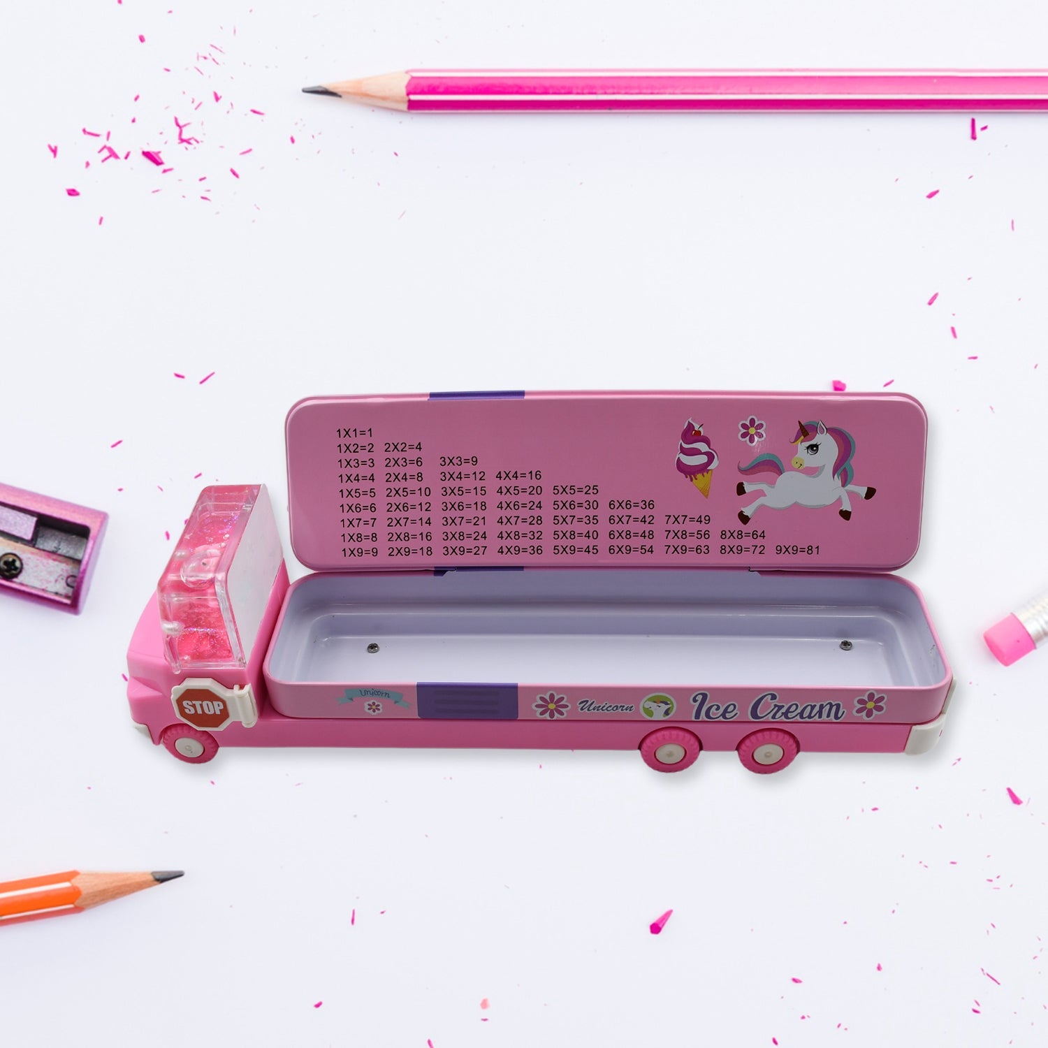 4568 Double Decker Magic Truck Compass Multi Level Metal Truck Compass Pencil Case with Movable Wheels & Sharpener (Mix Design) 4568 Double Decker Magic Truck Compass Multi Level Metal Truck Compass Pencil Case with Movable Wheels & Sharpener (Mix Design)